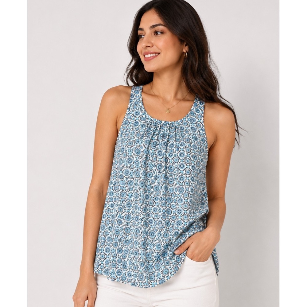 Joie‎ Womens Scoop Neck Floral Racerback Tank Top Blouse Blue White Size Small